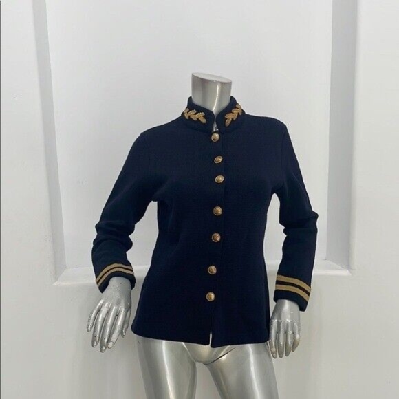Vintage Ralph Lauren Knit Merino Wool Military Jacket Navy with Gold Leaf sz P - Picture 1 of 11